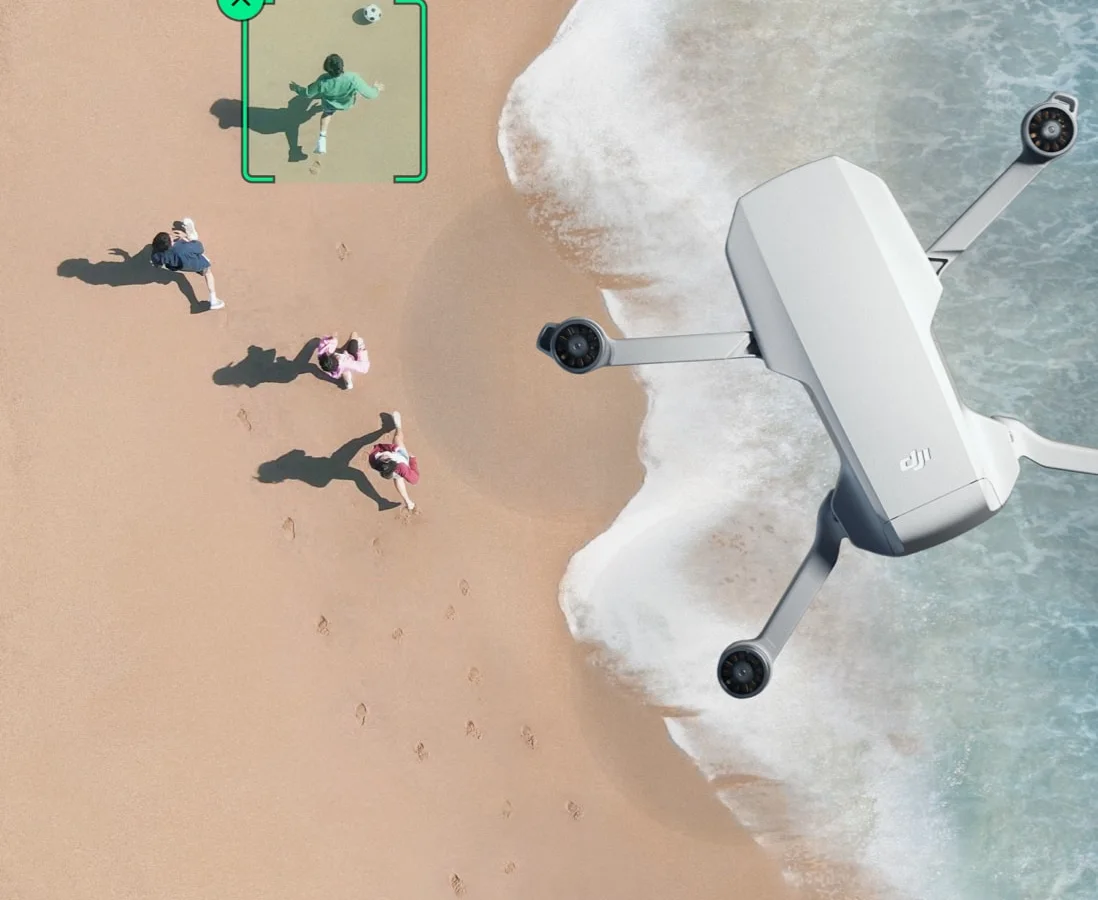 Overhead 4K view of a beach with subject tracking active